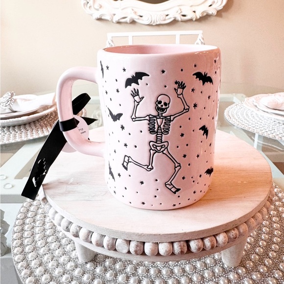 🖤 DANCE TIL YOUR DEAD Pink Skeleton + Bat Rae Dunn Halloween Mug NEW - Picture 6 of 7